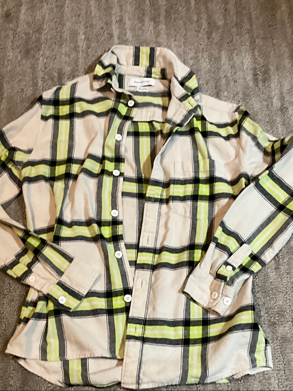 Urban Outfitters Cream Plaid Button-Down with Lime and Black Stripes